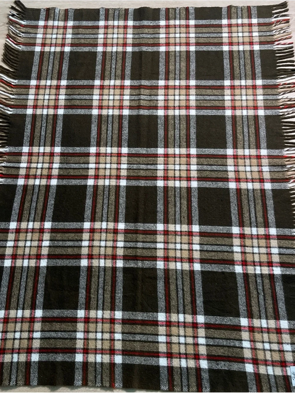 Vintage FARIBO FARIBAULT WOOLEN MILL CO Brown Red Cream Plaid Wool Throw Blanket